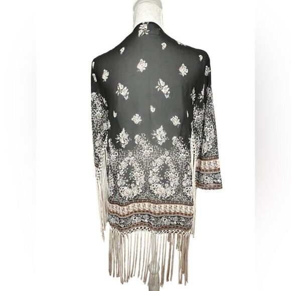 Abercrombie & Fitch Boho Cover Up Cardigan Black Floral Fringe Kimono Gypsy S - Picture 5 of 7
